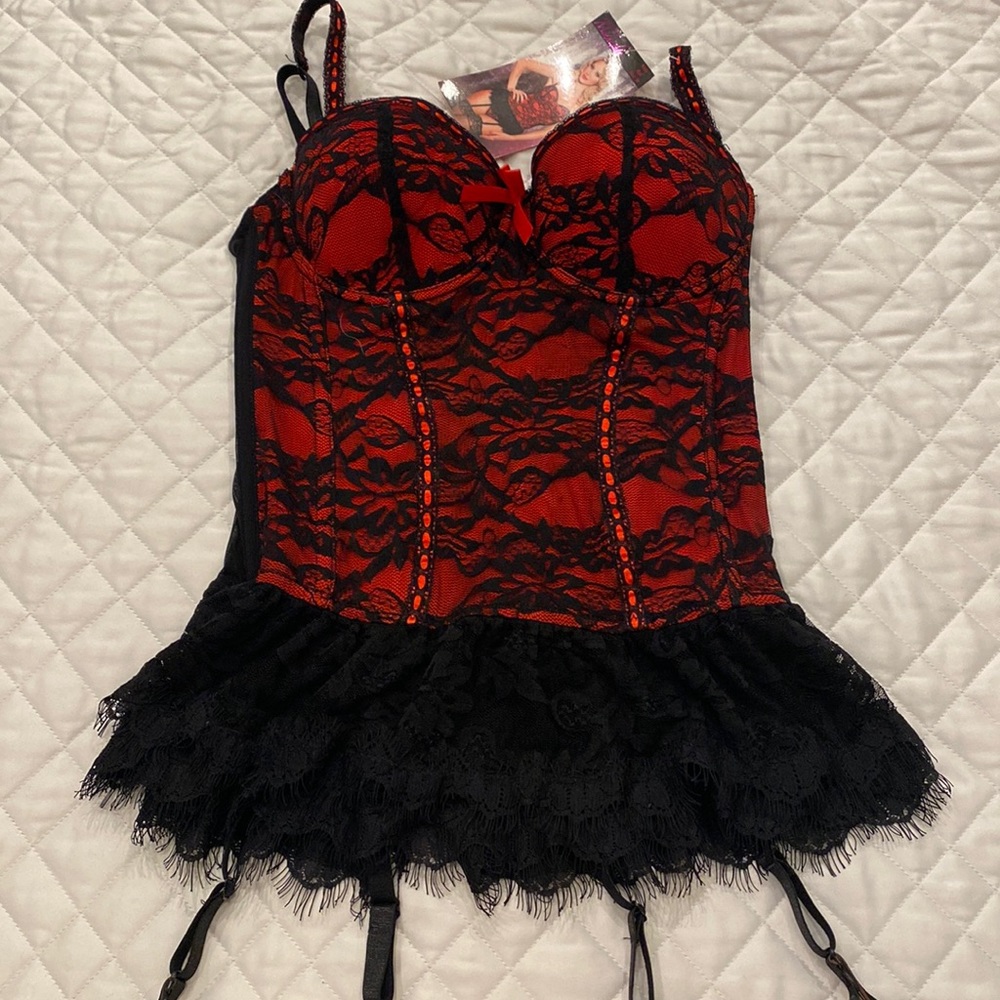 Sexy red and black lace bustier with attached eyelash lace skirt matching thong